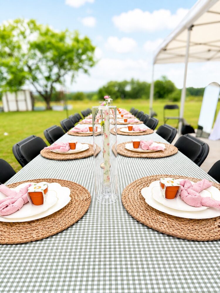 Long gingham tablescape with rattan placemats