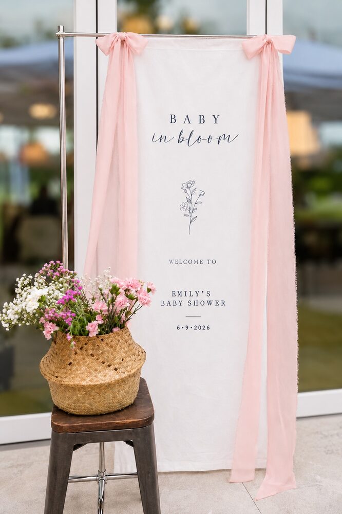 Baby in Bloom welcome banner with blush ribbon