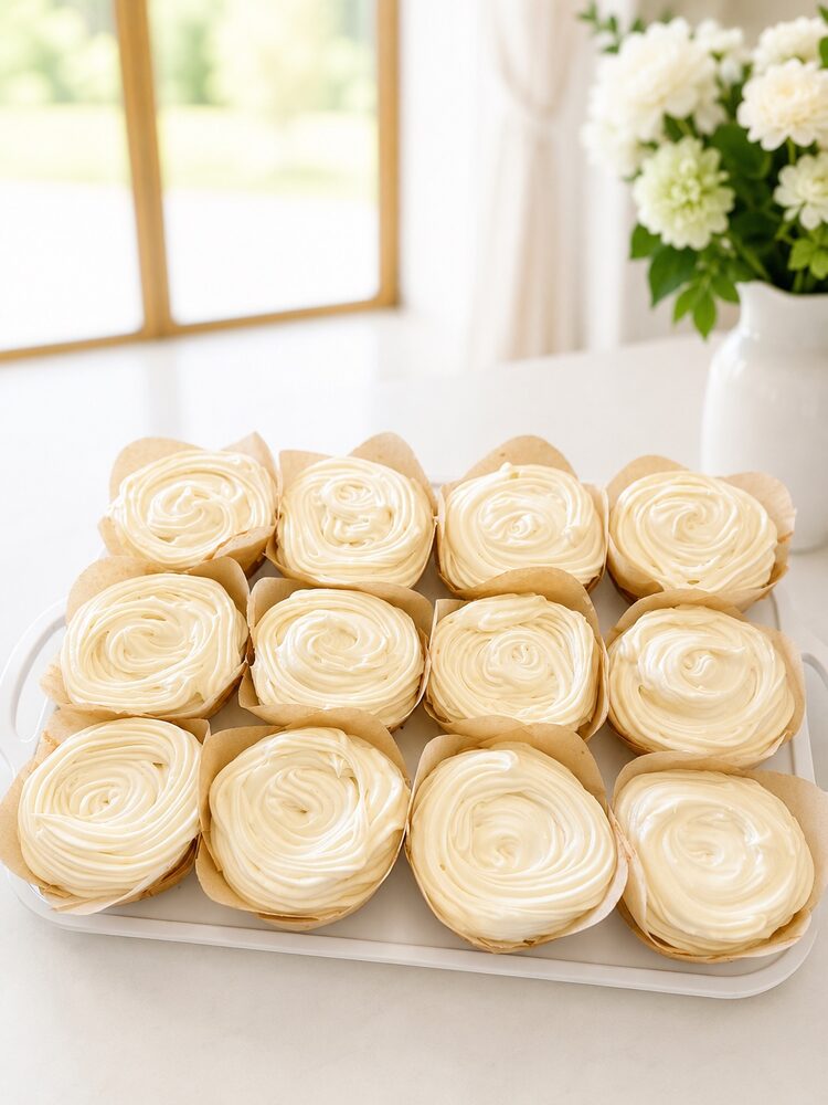 Tray of cream-frosted cupcakes