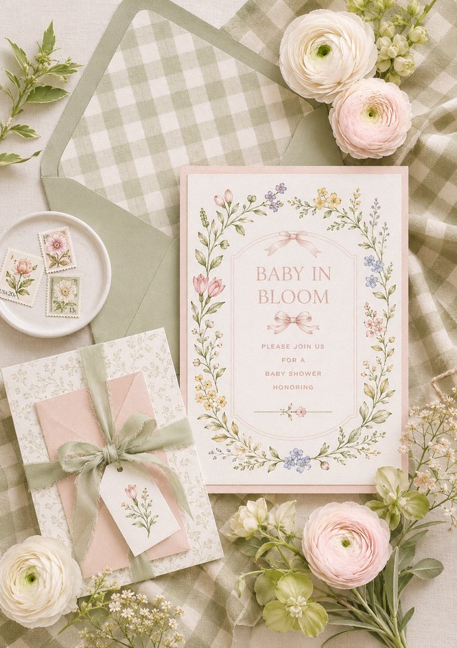 Baby in Bloom baby shower invitation with watercolor wildflowers and blush ribbon